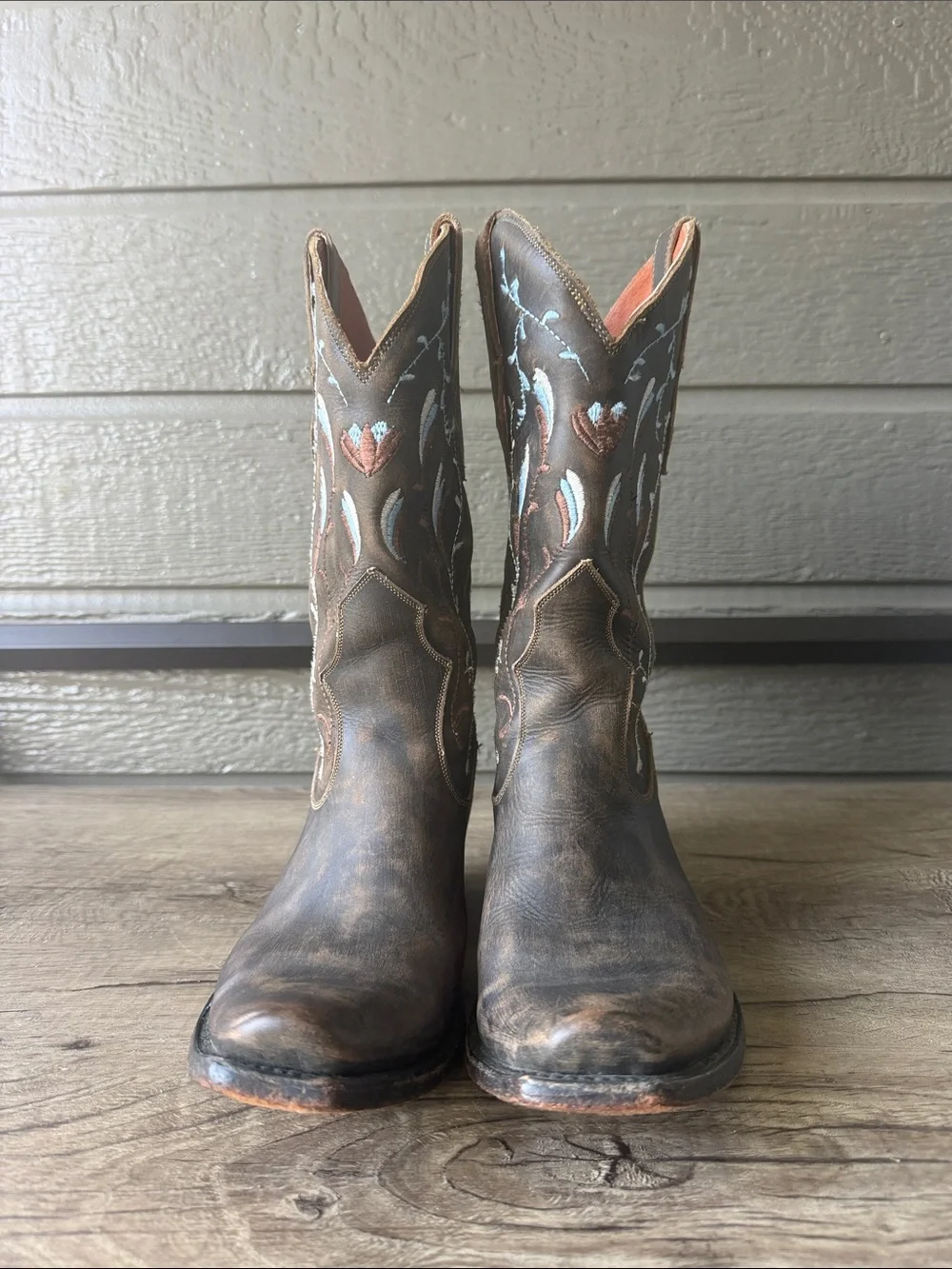 Dan Post Brown Leather Western Cowgirl Boots Blue Coral Embroidery size 6.5 B